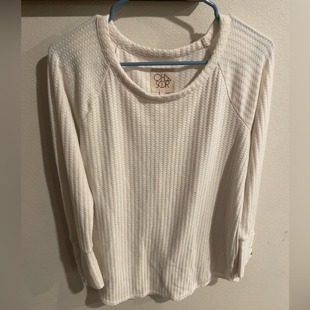 Chaser Womens Off White Round Neck Long Sleeve Button Knit Top Size Large